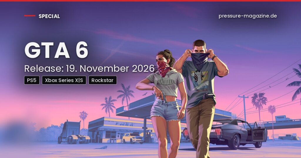 Jason und Lucia aus GTA 6 vor einer Tankstelle in Leonida, Key-Art von Rockstar Games