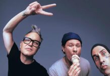 Blink-182’s Mark Hoppus, Tom DeLonge, and Travis Barker, photo by Jack Bridgland